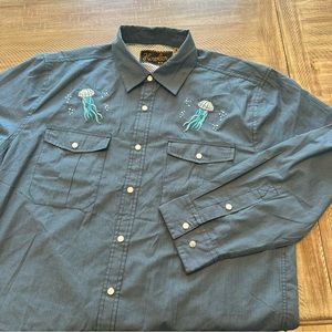 Howler Bros Shirt Mens Medium Blue Jellyfish Gaucho Snap Western Long Sleeve